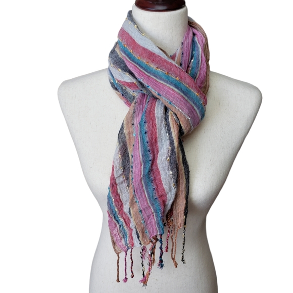 Accessories - BOHEMIAN Scarf Guaze Southwestern Gold Muted Colors Twisted Fringe